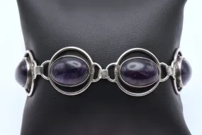 Vintage Handmade Sterling Silver Amethyst Cabochons Bracelet - 8"