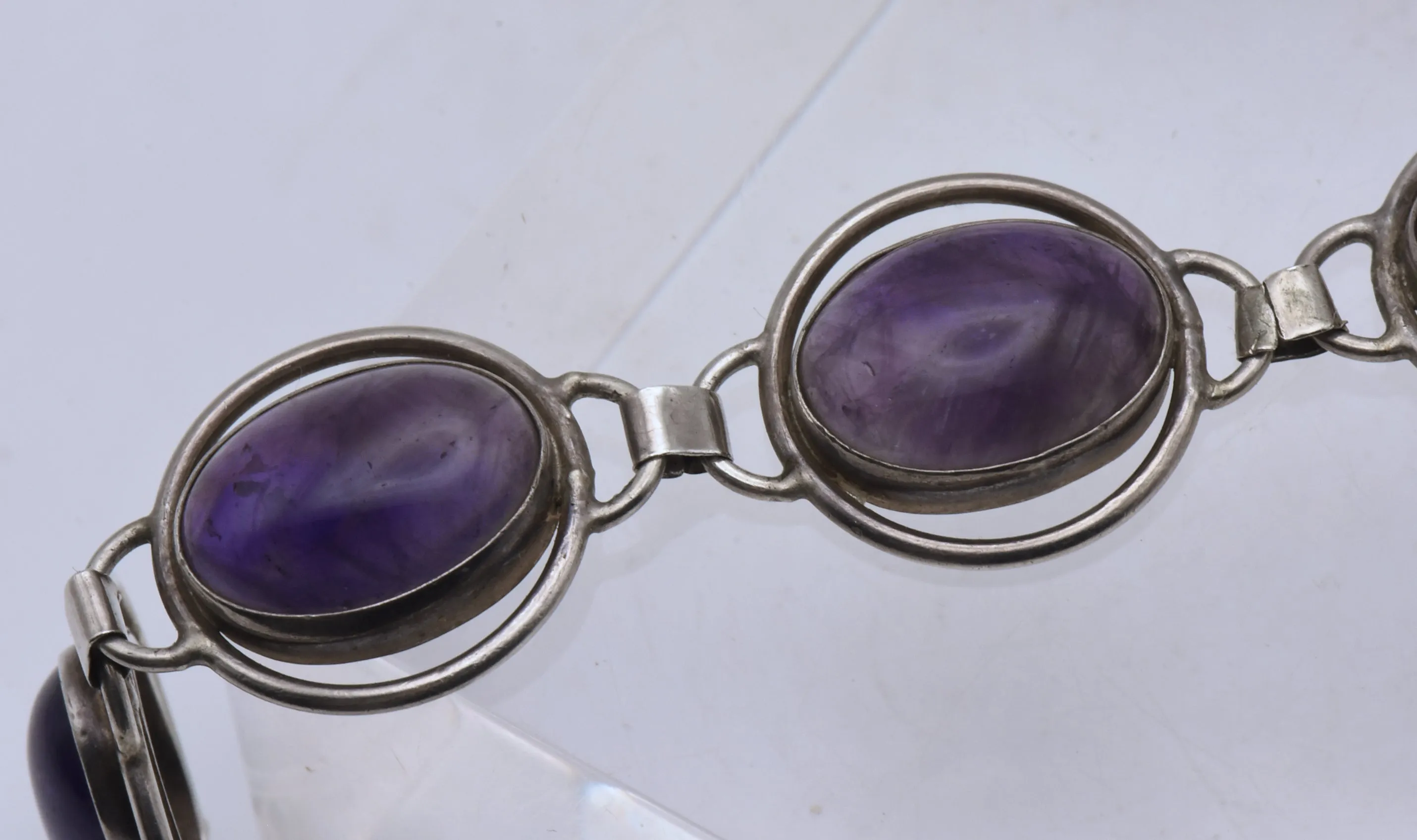 Vintage Handmade Sterling Silver Amethyst Cabochons Bracelet - 8"