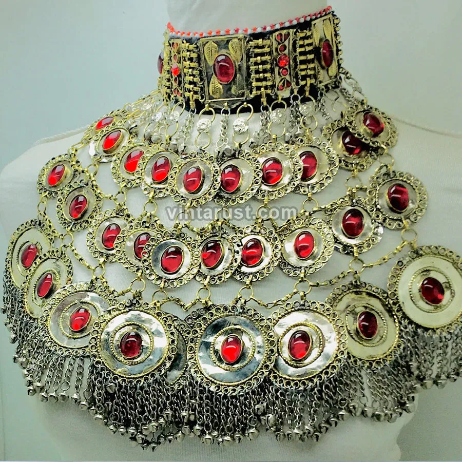 Vintage Layered Necklace With Red Glass Stones