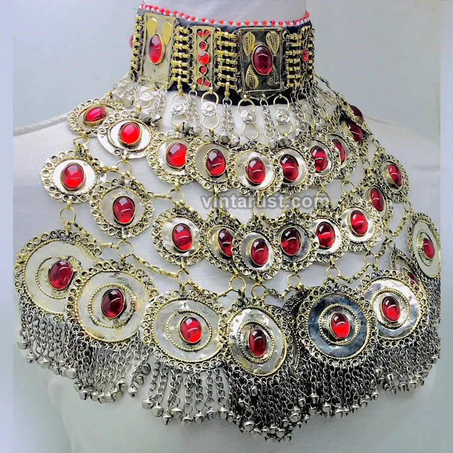 Vintage Layered Necklace With Red Glass Stones