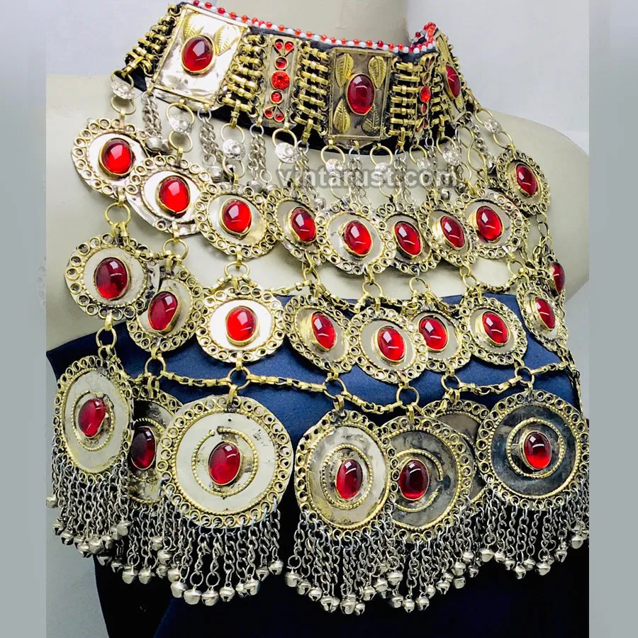 Vintage Layered Necklace With Red Glass Stones