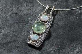 Vintage Opal Necklace - Prehnite Necklace - Long Tribal Pendant