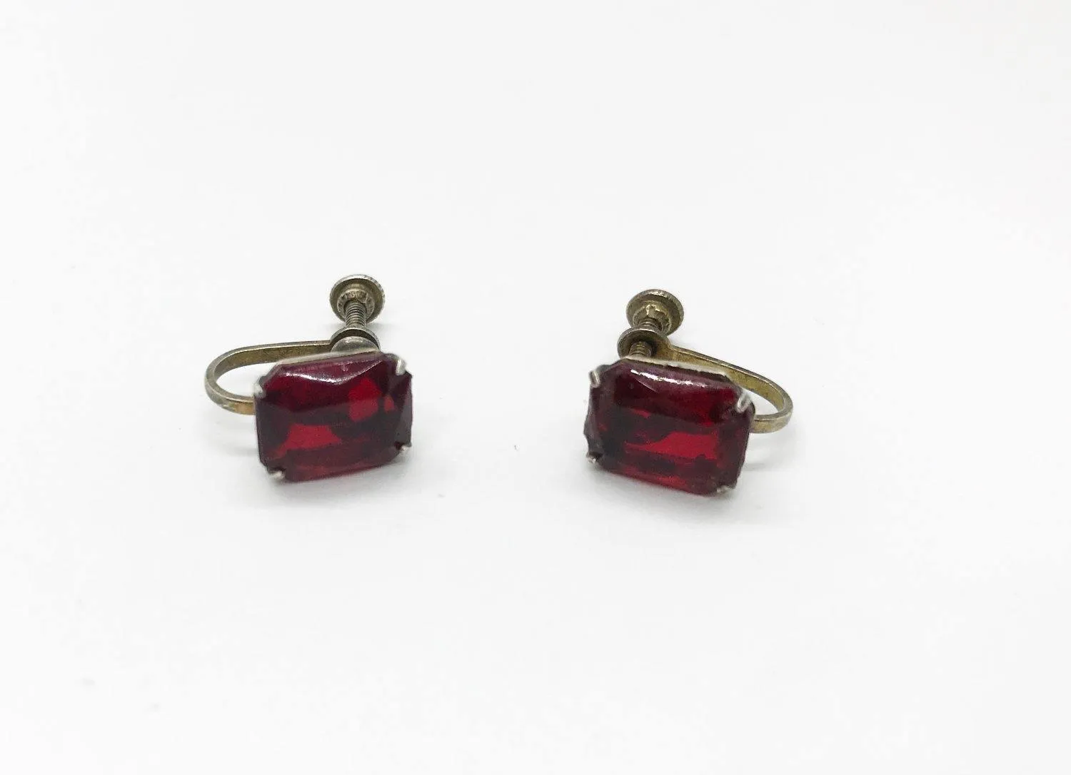 Vintage Ruby Red Glass Sterling Silver Solitaire Earrings