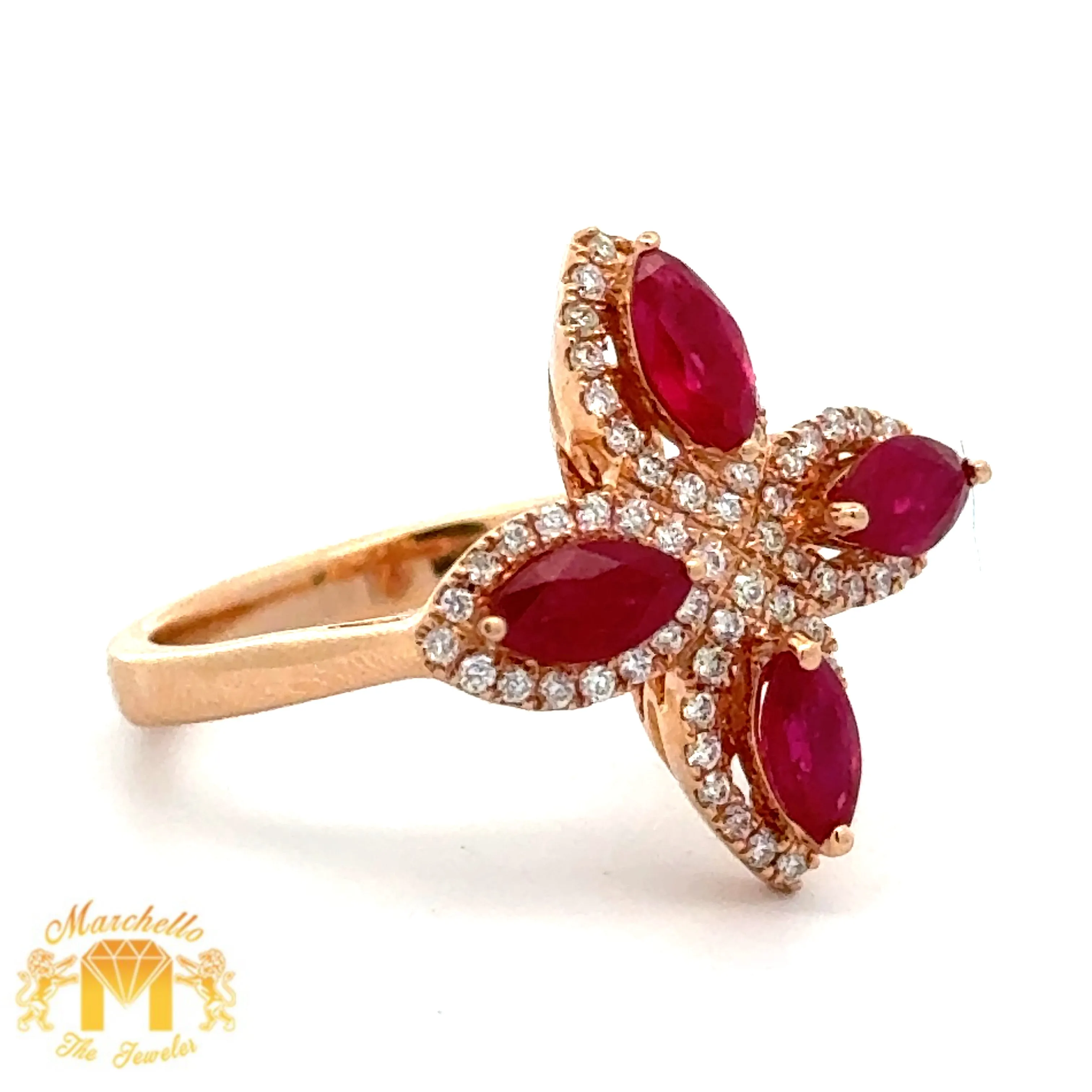 VVS/vs high clarity diamonds set in a 18k Gold Flower Shaped Ring with Sapphire, Ruby, Emerald and Round Diamonds (choose your color)