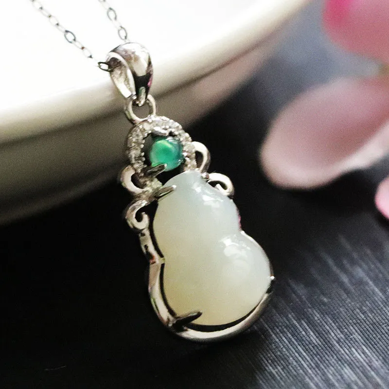 White Gourd Hollow Necklace with Hotan Jade and Silver Attributes