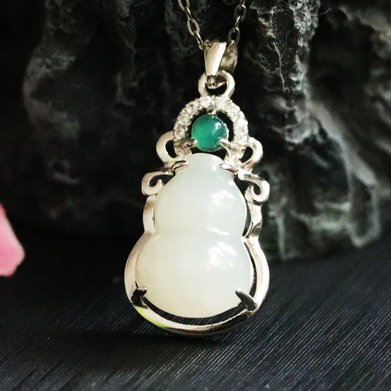 White Gourd Hollow Necklace with Hotan Jade and Silver Attributes