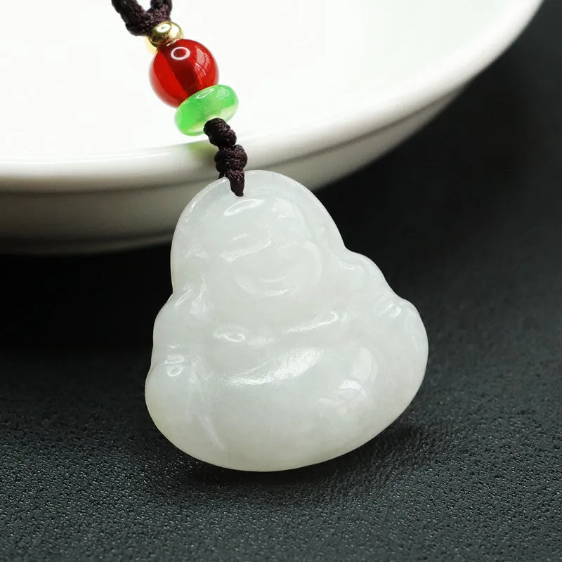 White Jade Maitreya Buddha Necklace crafted with Sterling Silver