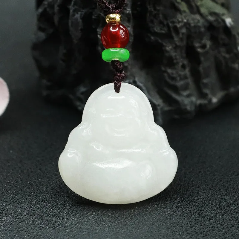 White Jade Maitreya Buddha Necklace crafted with Sterling Silver