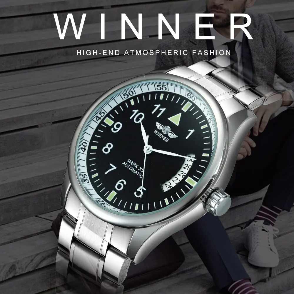 WINNER Fashion Business Automatic Mechanical Watch for Men Calendar Window Stainless Steel Strap WW010H