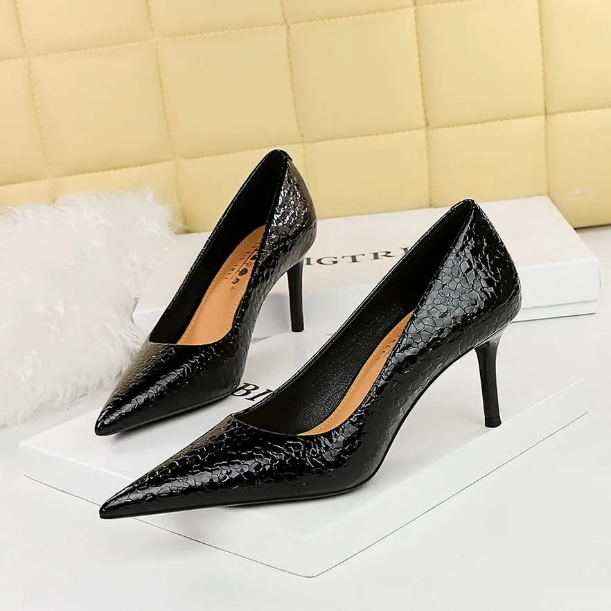 xiangtuibao 1198-A18 Retro European American Style Stone Pattern Patent Leather Women's Shoes High Heel Low-Cut Pointed Toe Banquet Shoes Women's High Heels