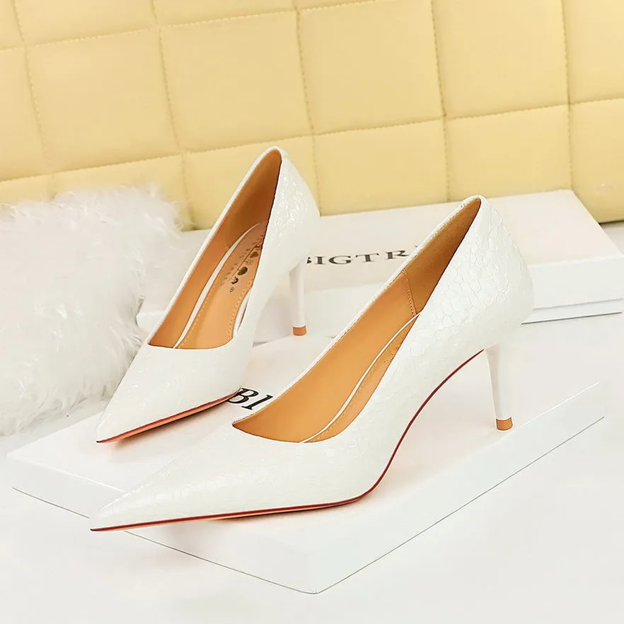 xiangtuibao 1198-A18 Retro European American Style Stone Pattern Patent Leather Women's Shoes High Heel Low-Cut Pointed Toe Banquet Shoes Women's High Heels