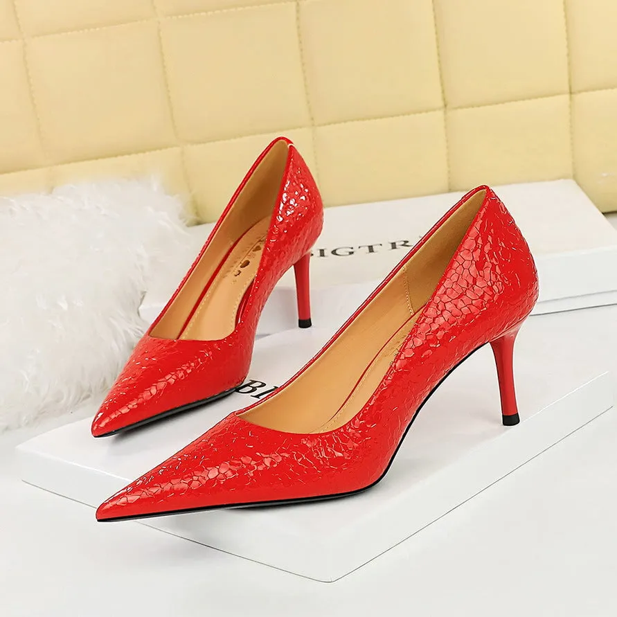 xiangtuibao 1198-A18 Retro European American Style Stone Pattern Patent Leather Women's Shoes High Heel Low-Cut Pointed Toe Banquet Shoes Women's High Heels