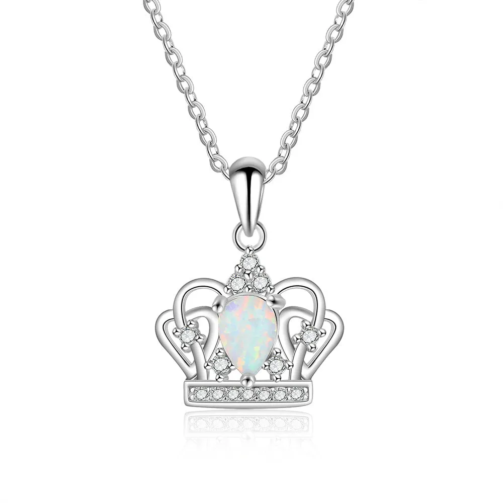 Zircon Crown Pendant Pear Shape Opal Sterling Silver Necklace